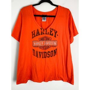 Harley Davidson Womens Tee 1X Orange Las Vegas V Neck Bikercore Graphic Casual